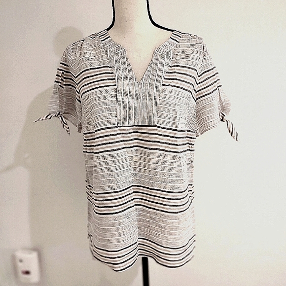 Talbots Linen Lightweight White Black Tan Stripe Short Sleeve Si…
